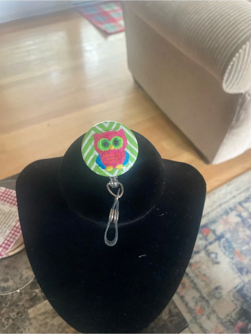 Cute Owl Badge Reel with Green Stripes